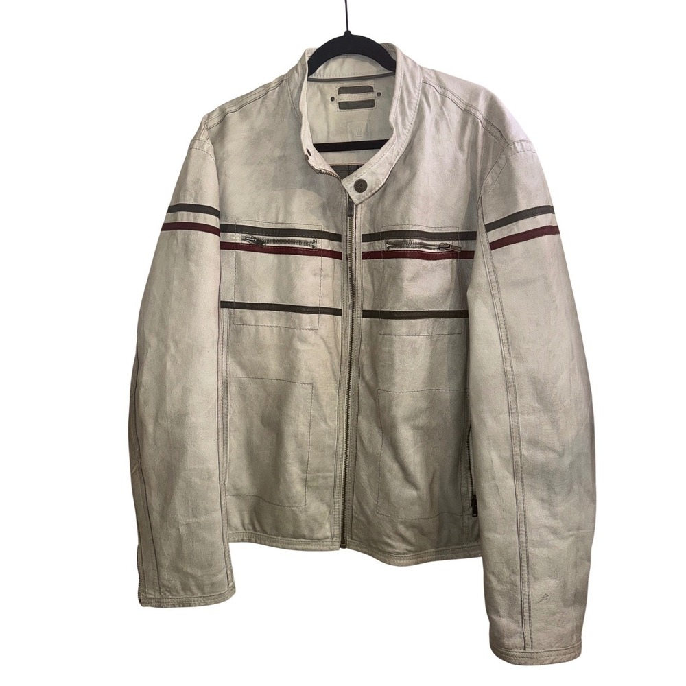 Wilsons Leather Mens XL Off-White Cafe Racer Jacket Striped Distressed Leather